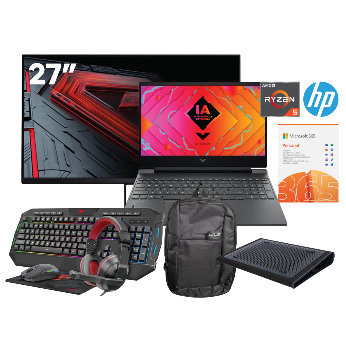 Kit BTS25 Laptop HP Victus 15-FB2026LA + Mochila  + Soporte Targus + Combo Gaming Havit + Monitor Xiaomi G27i